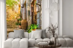 Naklejka: Rustykalna uliczka z donicami przy domach