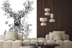 Naklejka: Rysunek ołówkiem jelenia z kwiatami i jagodami