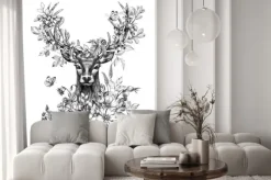 Naklejka: Rysunek ołówkiem jelenia z kwiatami i jagodami