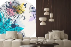 Naklejka: Rysunek w stylu mandali z kwiatami i ptakiem