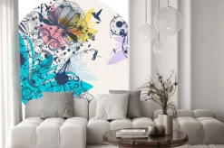 Naklejka: Rysunek w stylu mandali z kwiatami i ptakiem