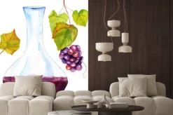 Naklejka: Rysunki akwarela z karafki do wina, liści winorośli i winogron,