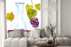 Naklejka: Rysunki akwarela z karafki do wina, liści winorośli i winogron,