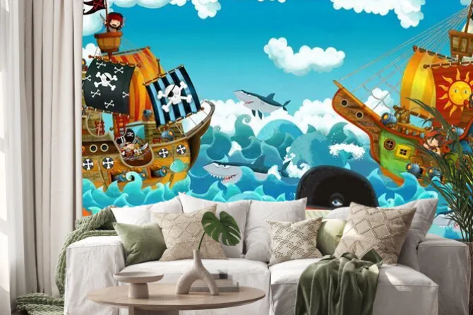 Naklejka: Rysunkowa bitwa morska piratów