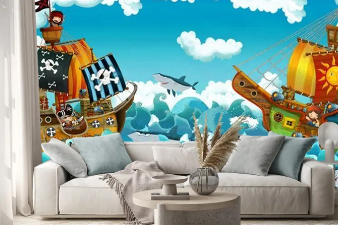 Naklejka: Rysunkowa bitwa morska piratów