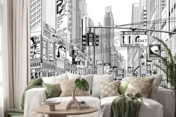 Naklejka: Rysunkowa panorama miasta nowy jork w czerni i bieli