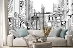 Naklejka: Rysunkowa panorama miasta nowy jork w czerni i bieli