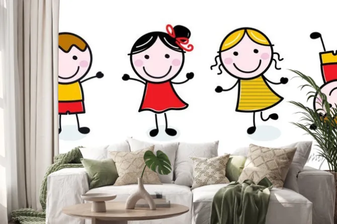 Naklejka: Rysunkowe wesołe dzieci na białym tle