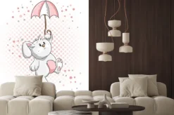 Naklejka: Rysunkowy królik z parasolką na tle kropek