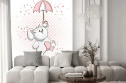 Naklejka: Rysunkowy królik z parasolką na tle kropek