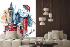 Naklejka: Rysunkowy londyn z big benem i czerwonym autobusem