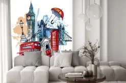 Naklejka: Rysunkowy londyn z big benem i czerwonym autobusem