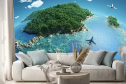 Naklejka: Samolot leci nad tropikalnych wysp