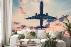 Naklejka: Samolot na zachodzie słońca niebo - samolot, odrzutowiec na tle