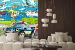 Naklejka: Scena kreskówki z samochodu policyjnego jazdy po mieście - samoloty