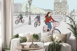 Naklejka: Scena miasta paryża. kobieta lubi jeździć na rowerze po mieście,