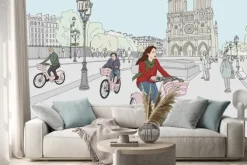 Naklejka: Scena miasta paryża. kobieta lubi jeździć na rowerze po mieście,