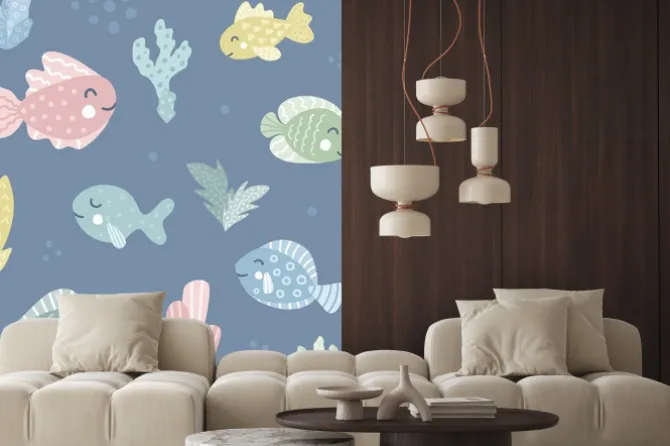 Naklejka: Sea life elements seamless pattern. fishes on a blue background.