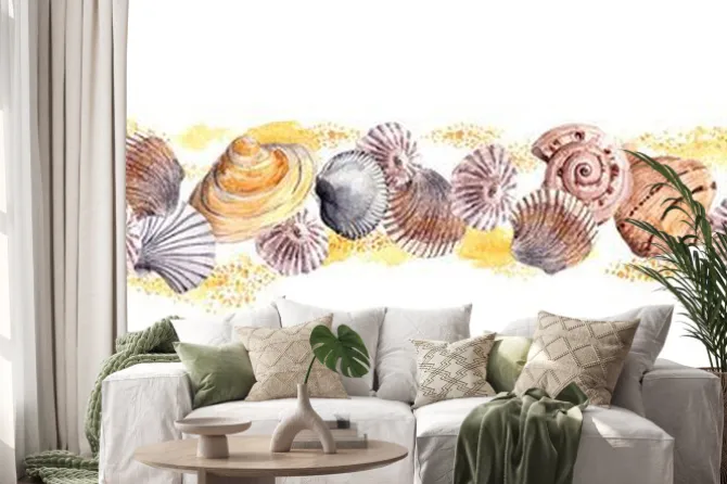 Naklejka: Seamless border wstążka z muszelek w piasku. ramka akwarela