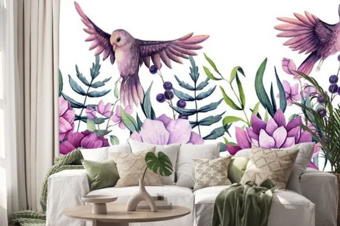 Naklejka: Seamless border of watercolor herbs, flowers and birds