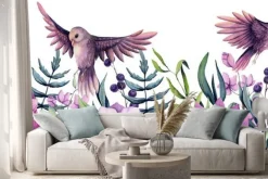Naklejka: Seamless border of watercolor herbs, flowers and birds