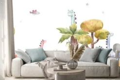 Naklejka: Seamless border pattern with dinosaurs in nature, trees, cacti,