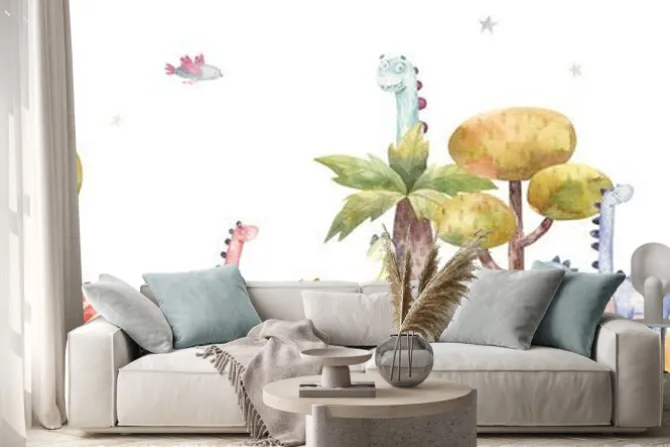 Naklejka: Seamless border pattern with dinosaurs in nature, trees, cacti,