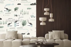 Naklejka: Seamless colorful pattern with house,trees and mountains. nordic