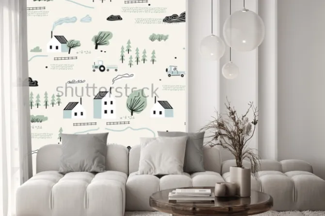 Naklejka: Seamless colorful pattern with house,trees and mountains. nordic