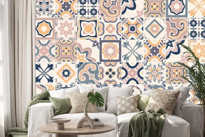 Naklejka: Seamless pattern with portuguese abstract, hand-drawn tiles.