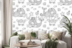 Naklejka: Seamless pattern with little lying mermaid, big fish, krabbe,
