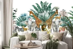 Naklejka: Seamless pattern with safari animals and palm trees.tropical