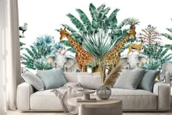 Naklejka: Seamless pattern with safari animals and palm trees.tropical