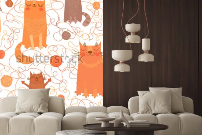 Naklejka: Seamless pattern with cute cats and balls of yarn. vector illustration.