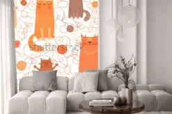 Naklejka: Seamless pattern with cute cats and balls of yarn. vector illustration.