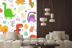 Naklejka: Seamless pattern with dinosaurs and flowers