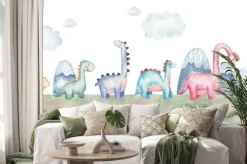 Naklejka: Seamless pattern with dinosaurs of different species, mountains,