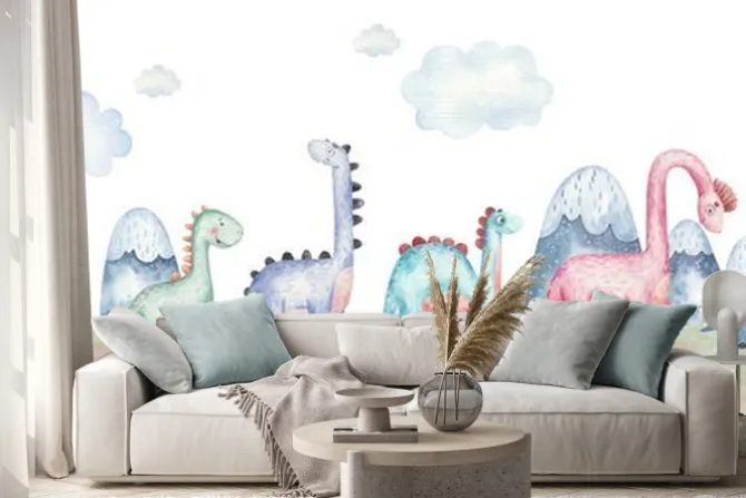 Naklejka: Seamless pattern with dinosaurs of different species, mountains,