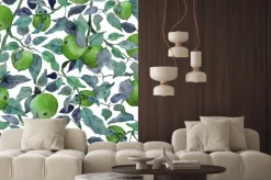 Naklejka: Seamless pattern apple tree branch with green apples watercolor