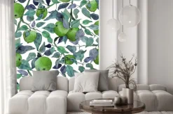 Naklejka: Seamless pattern apple tree branch with green apples watercolor