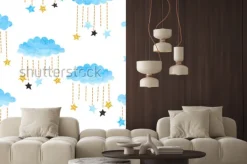 Naklejka: Seamless vector blue watercolor clouds and stars pattern.