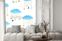 Naklejka: Seamless vector blue watercolor clouds and stars pattern.