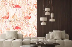 Naklejka: Seamless watercolor pattern with a bird flamingo. beautiful pink