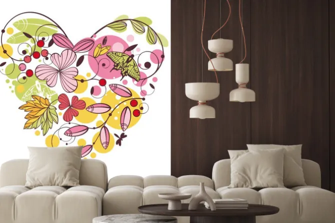 Naklejka: Serce z kwiatów i motyli w stylu rysunku