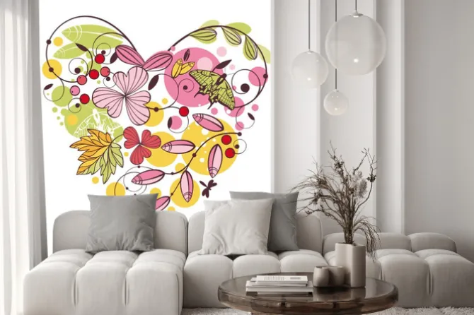 Naklejka: Serce z kwiatów i motyli w stylu rysunku