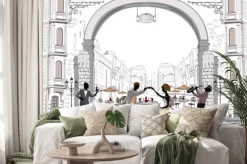 Naklejka: Seria ulicy kawiarni w mieście z osób pijących kawę