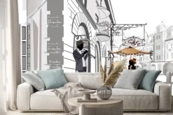 Naklejka: Seria widokiem na ulicę z ludźmi w starym mieście