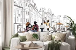 Naklejka: Seria widokiem na ulicę z ludźmi w starym mieście