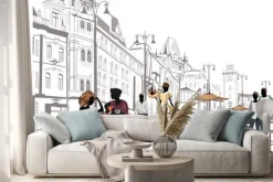 Naklejka: Seria widokiem na ulicę z ludźmi w starym mieście