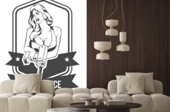 Naklejka: Serwis samochodowy retro odznaki z sexy kobieta trzyma wiertło